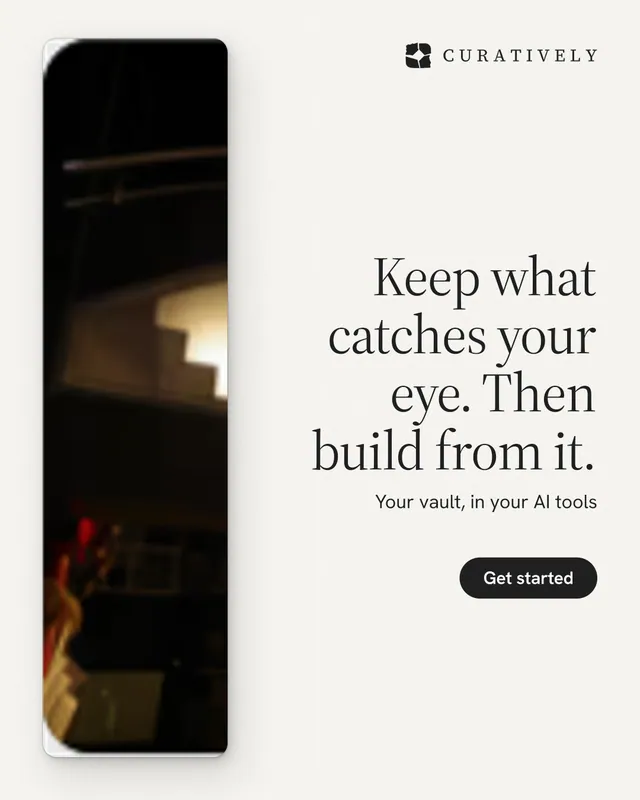 Instagram portrait post for Curatively: "Keep what catches your eye. Then build from it." Data card style, right layout, light palette in white, black.