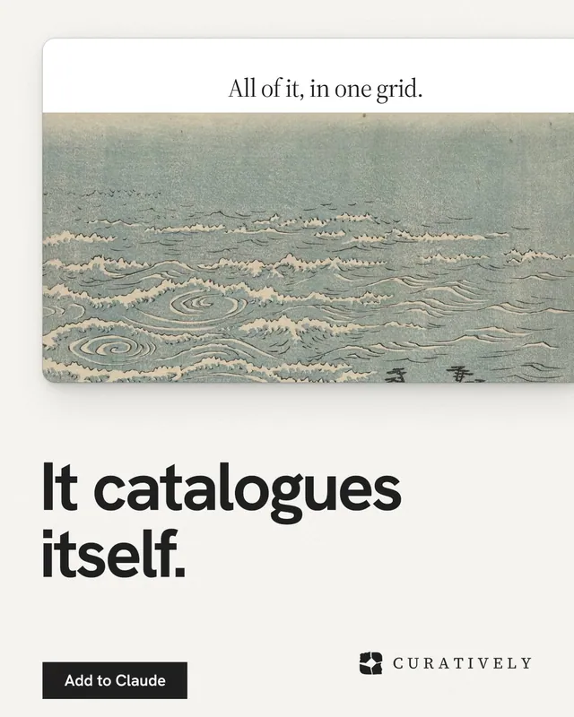 Instagram portrait post for Curatively: "It catalogues itself." Swiss style, bottom layout, light palette in white, grey.