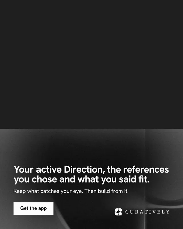 Instagram portrait post for Curatively: "Your active Direction, the references you chose and what you said fit." Swiss style, bottom layout, dark palette in black, grey.