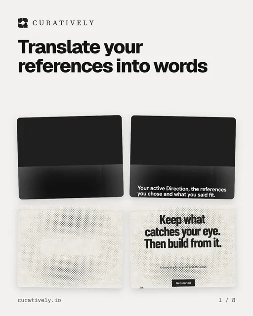 Carousel for Curatively: "Translate your references into words". Collection carousel, 8 slides, light palette.