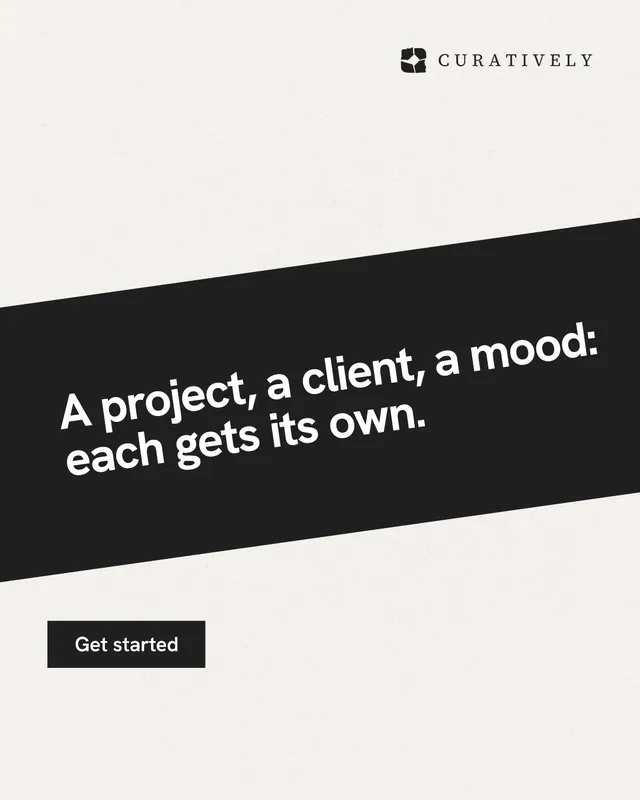 Instagram portrait post for Curatively: "A project, a client, a mood: each gets its own." Swiss style, diagonal layout, light palette in white, black, grey.