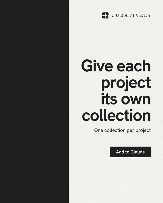 Instagram portrait post for Curatively: "Give each project its own collection". Swiss style, right layout, light palette in white, black, grey.