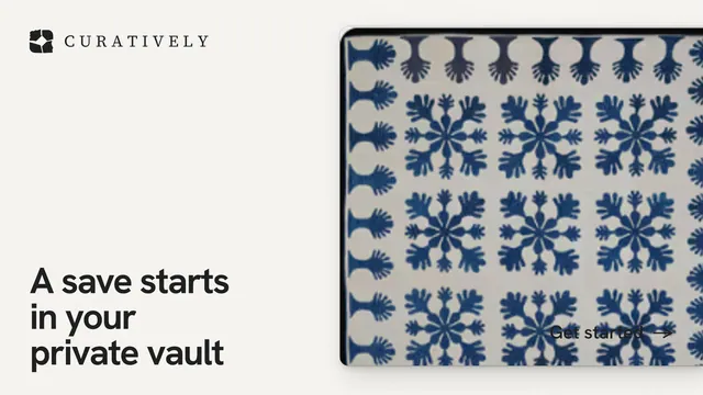 Landscape graphic for Curatively: "A save starts in your private vault". Swiss style, image led layout, light palette in white, grey.