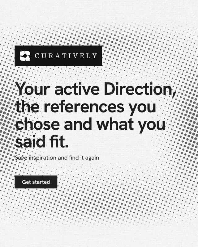Instagram portrait post for Curatively: "Your active Direction, the references you chose and what you said fit." Swiss style, announce layout, light palette in white, grey.