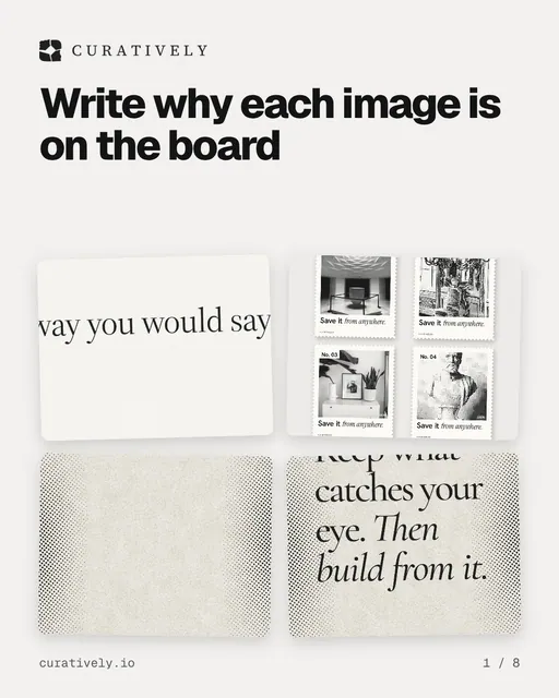 Carousel for Curatively: "Write why each image is on the board". Collection carousel, 8 slides, light palette.