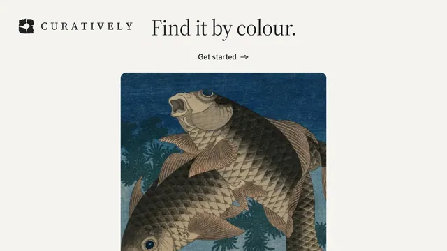 Landscape graphic for Curatively: "Find it by colour." Editorial style, ogui layout, light palette in white, blue, grey.
