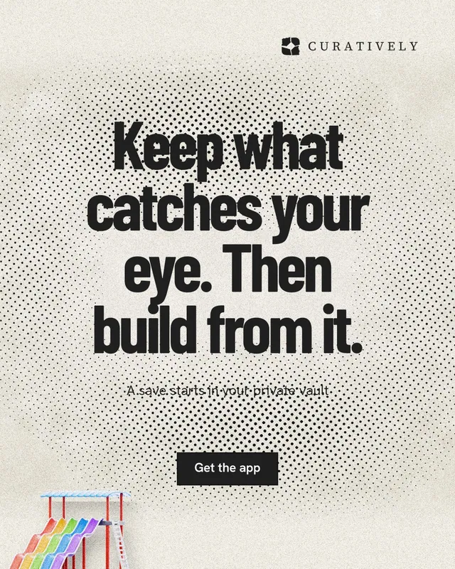 Instagram portrait post for Curatively: "Keep what catches your eye. Then build from it." Ink sticker style, centred layout, light palette in white, yellow, grey.