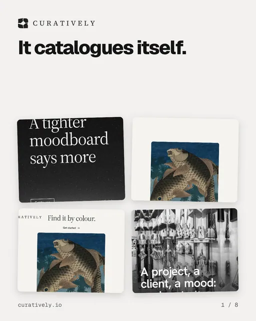 Carousel for Curatively: "It catalogues itself.". Collection carousel, 8 slides, light palette.