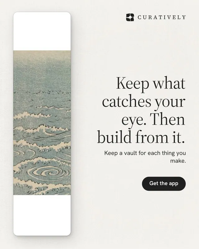 Instagram portrait post for Curatively: "Keep what catches your eye. Then build from it." Data card style, right layout, light palette in white, grey.