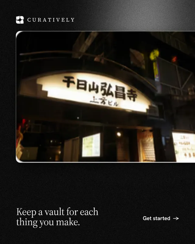 Instagram portrait post for Curatively: "Keep a vault for each thing you make." Dark deco style, image led layout, dark palette in black, grey.