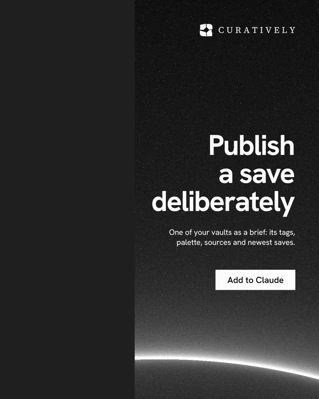 Instagram portrait post for Curatively: "Publish a save deliberately". Swiss style, right layout, dark palette in black, grey.