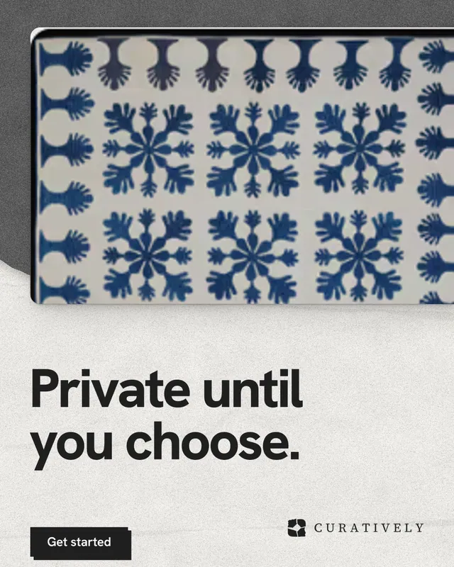 Instagram portrait post for Curatively: "Private until you choose." Paper trio style, bottom layout, light palette in grey, white.
