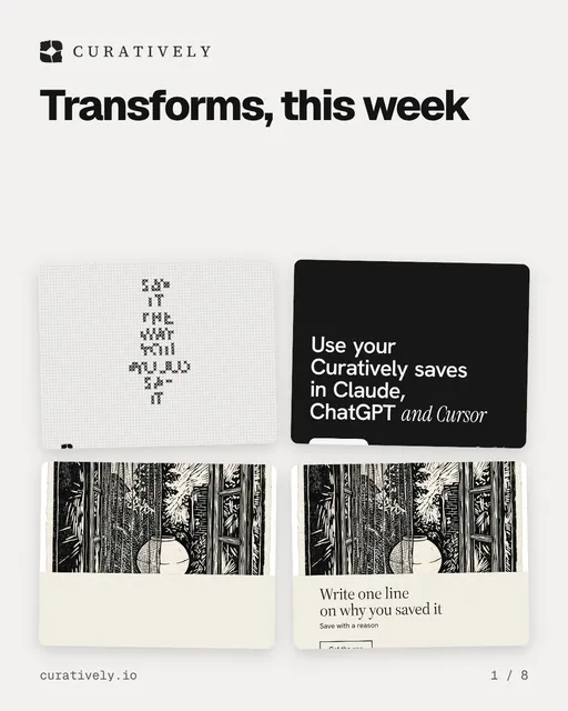 Carousel for Curatively: "Transforms, this week". Collection carousel, 8 slides, light palette.