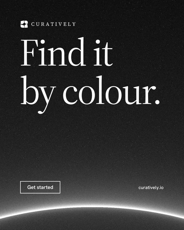 Instagram portrait post for Curatively: "Find it by colour." Editorial style, poster layout, dark palette in black, grey.