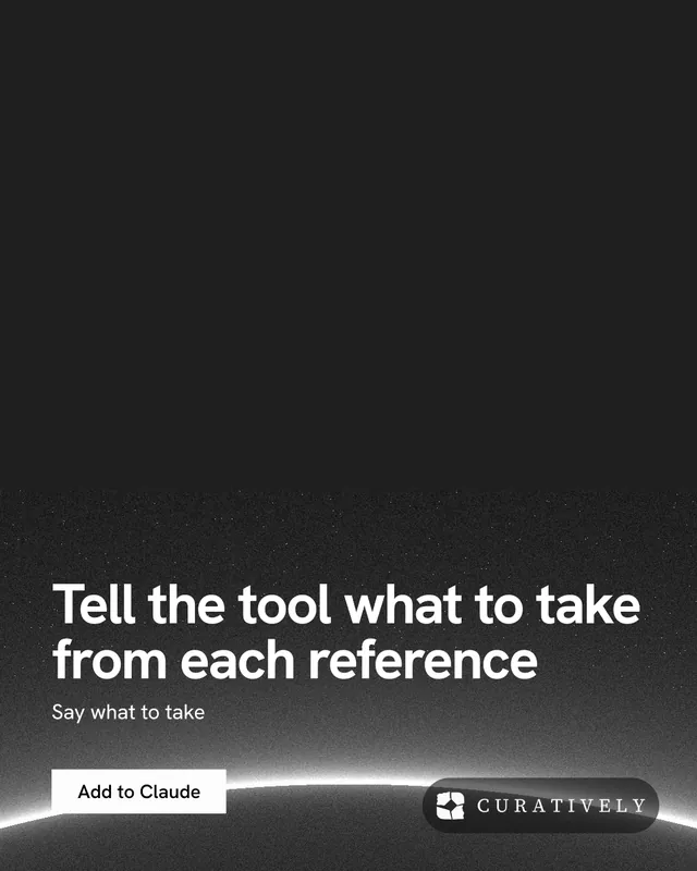 Instagram portrait post for Curatively: "Tell the tool what to take from each reference". Swiss style, bottom layout, dark palette in black, grey.