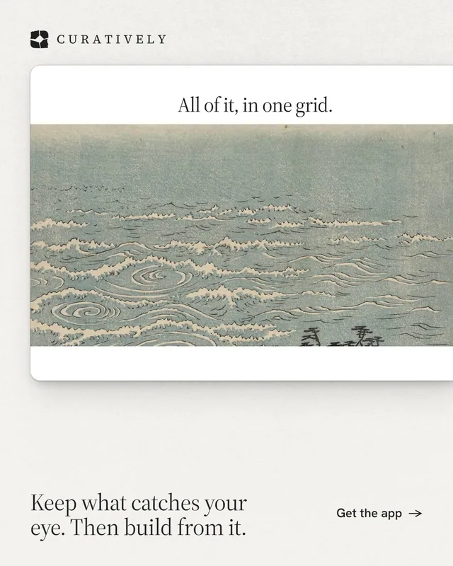 Instagram portrait post for Curatively: "Keep what catches your eye. Then build from it." Data card style, image led layout, light palette in grey, white.