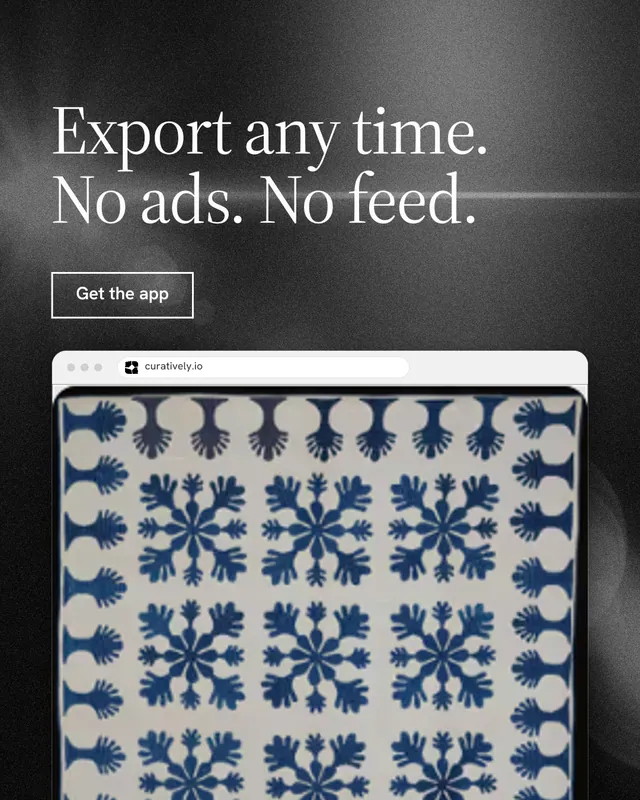 Instagram portrait post for Curatively: "Export any time. No ads. No feed." Dark deco style, browser layout, dark palette in grey, black.