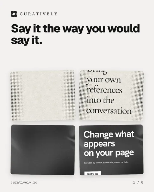 Carousel for Curatively: "Say it the way you would say it.". Collection carousel, 8 slides, light palette.