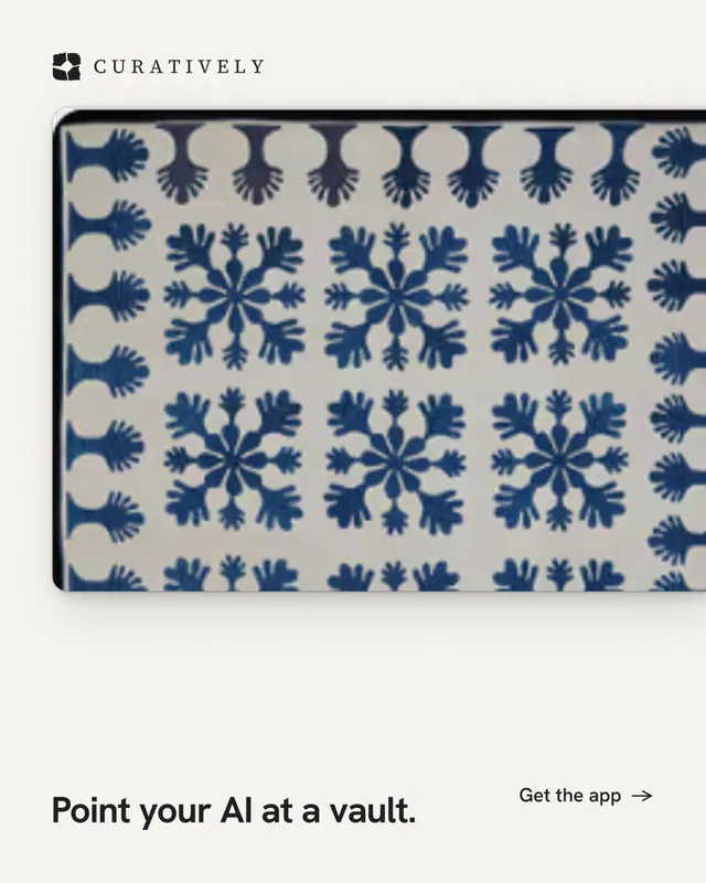 Instagram portrait post for Curatively: "Point your AI at a vault." Swiss style, image led layout, light palette in white, grey, blue.