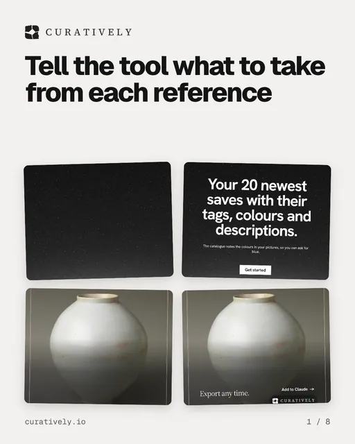 Carousel for Curatively: "Tell the tool what to take from each reference". Collection carousel, 8 slides, light palette.
