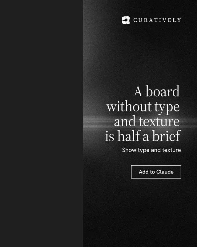 Instagram portrait post for Curatively: "A board without type and texture is half a brief". Dark deco style, right layout, dark palette in black, grey.
