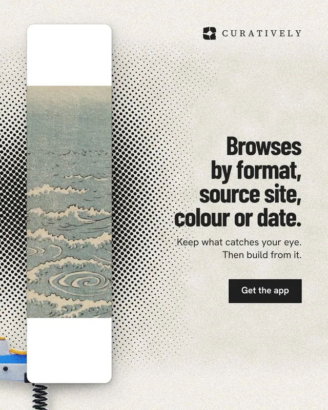 Instagram portrait post for Curatively: "Browses by format, source site, colour or date." Ink sticker style, right layout, light palette in yellow, grey, white.