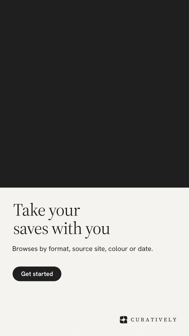 Instagram story for Curatively: "Take your saves with you". Data card style, bottom layout, light palette in black, white.