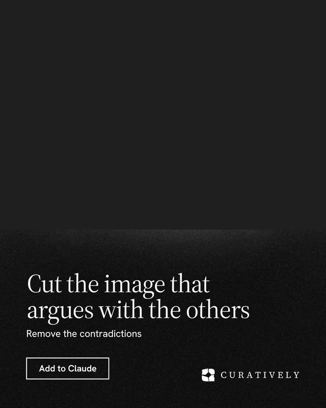 Instagram portrait post for Curatively: "Cut the image that argues with the others". Dark deco style, bottom layout, dark palette in black.