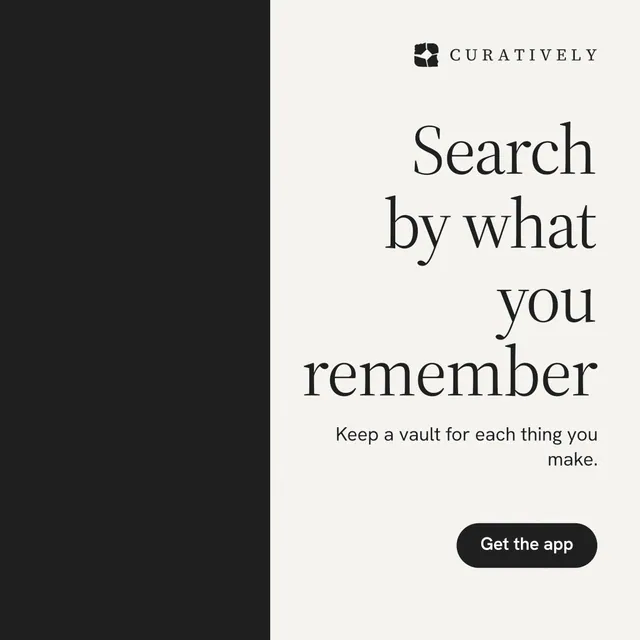 Instagram post for Curatively: "Search by what you remember". Data card style, right layout, light palette in white, black.