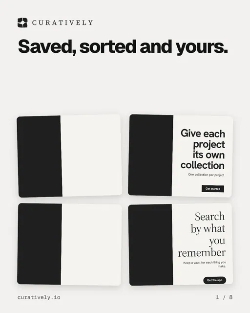 Carousel for Curatively: "Saved, sorted and yours.". Collection carousel, 8 slides, light palette.