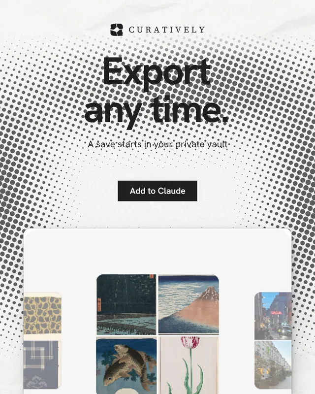 Instagram portrait post for Curatively: "Export any time." Swiss style, centred layout, light palette in grey, white.