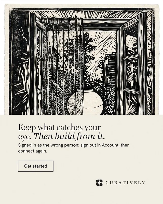 Instagram portrait post for Curatively: "Keep what catches your eye. Then build from it." Editorial style, bottom layout, light palette in yellow, black, grey.