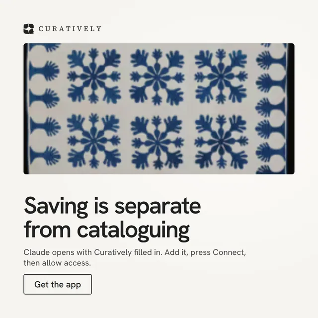 Video for Curatively: "Saving is separate from cataloguing". Doc motion loop, 6.0 s, light palette.