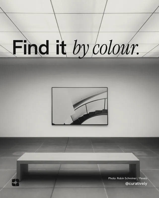 Instagram portrait post for Curatively: "Find it by colour." Duotone style, technique:pexels ingredient layout, light palette in grey, white.