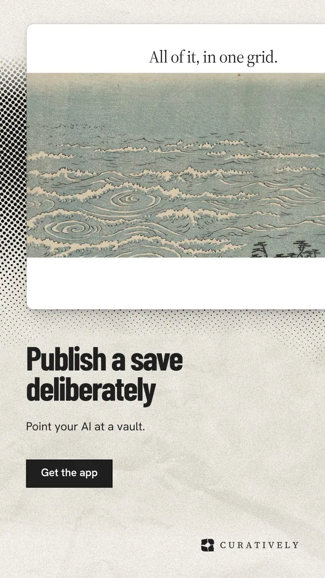 Instagram story for Curatively: "Publish a save deliberately". Ink sticker style, bottom layout, light palette in yellow, grey, orange.