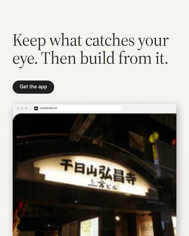 Instagram portrait post for Curatively: "Keep what catches your eye. Then build from it." Data card style, browser layout, light palette in white, black, grey.
