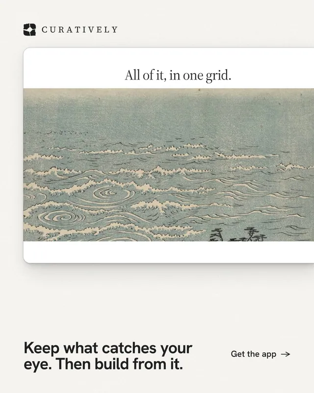 Instagram portrait post for Curatively: "Keep what catches your eye. Then build from it." Swiss style, image led layout, light palette in grey, white.