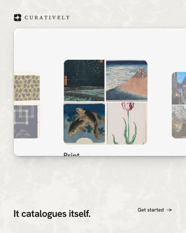 Instagram portrait post for Curatively: "It catalogues itself." Swiss style, image led layout, light palette in white, grey.