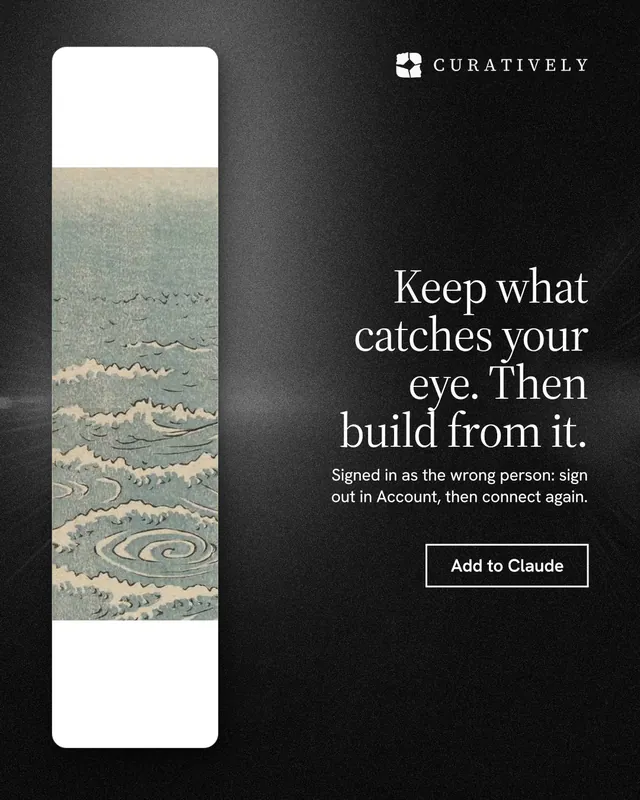 Instagram portrait post for Curatively: "Keep what catches your eye. Then build from it." Dark deco style, right layout, dark palette in grey, black.