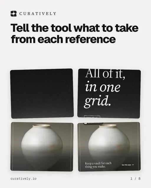 Carousel for Curatively: "Tell the tool what to take from each reference". Collection carousel, 8 slides, light palette.