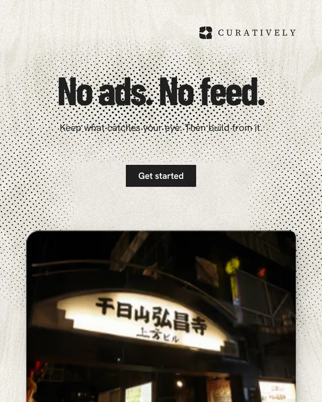 Instagram portrait post for Curatively: "No ads. No feed." Ink sticker style, centred layout, light palette in white, black, yellow.
