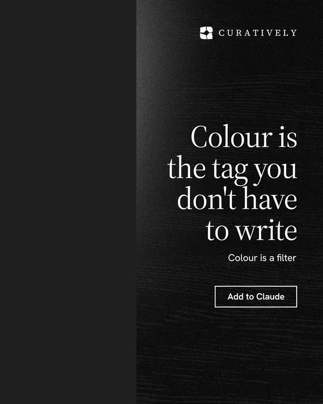 Instagram portrait post for Curatively: "Colour is the tag you don't have to write". Dark deco style, right layout, dark palette in black.