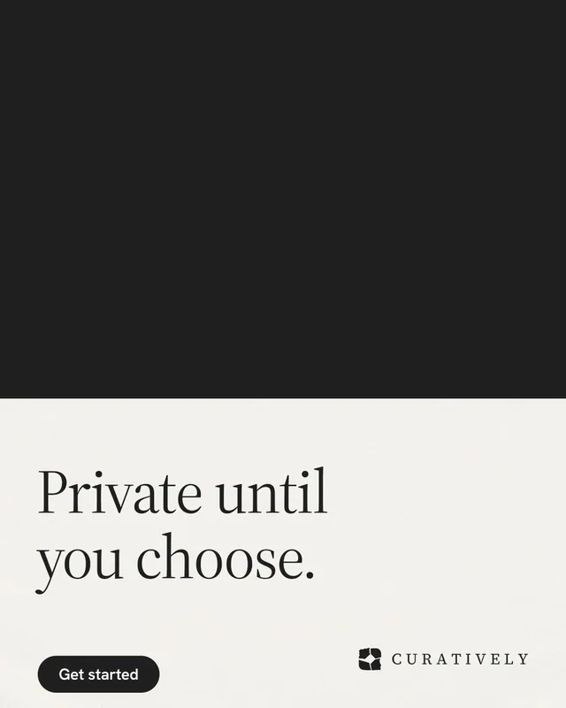 Instagram portrait post for Curatively: "Private until you choose." Data card style, bottom layout, light palette in black, white.