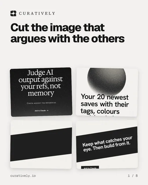 Carousel for Curatively: "Cut the image that argues with the others". Collection carousel, 8 slides, light palette.