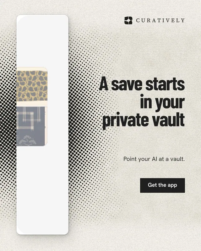 Instagram portrait post for Curatively: "A save starts in your private vault". Ink sticker style, right layout, light palette in white, yellow, grey.