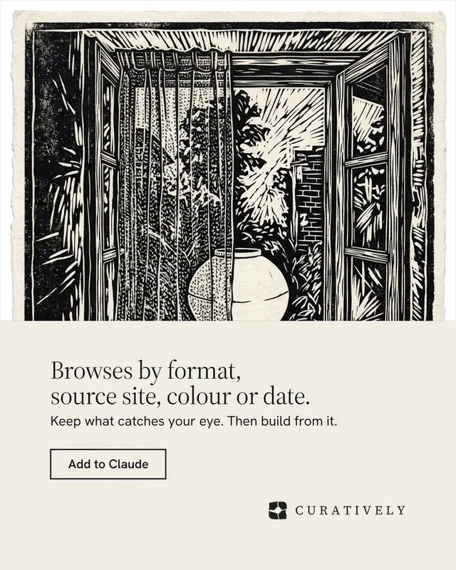Instagram portrait post for Curatively: "Browses by format, source site, colour or date." Editorial style, bottom layout, light palette in yellow, black, grey.
