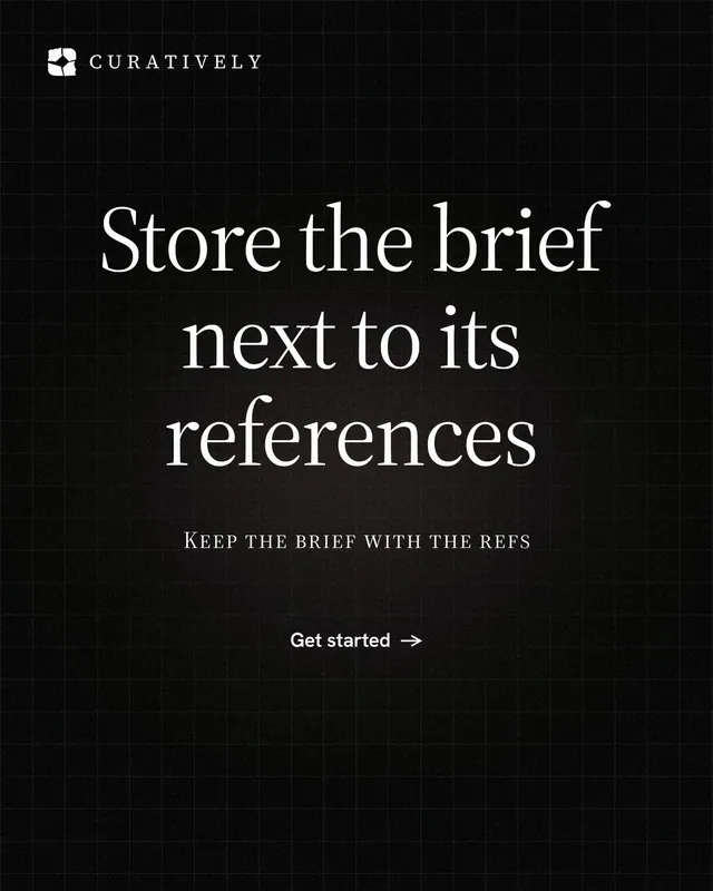Instagram portrait post for Curatively: "Store the brief next to its references". Phosphor atlas style, smallcaps layout, dark palette in black.