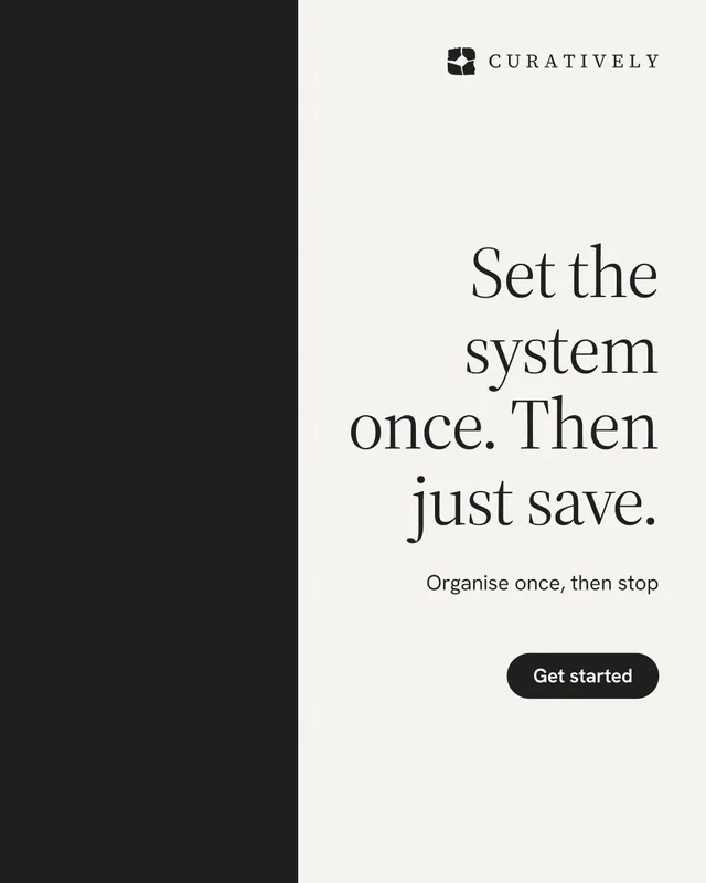 Instagram portrait post for Curatively: "Set the system once. Then just save." Data card style, right layout, light palette in white, black.
