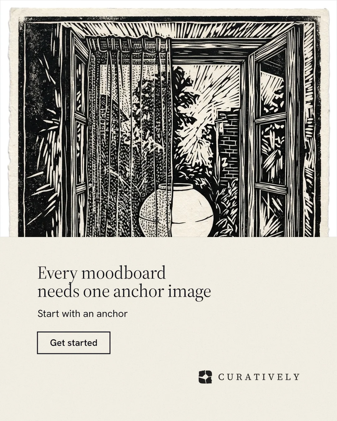 Instagram portrait post for Curatively: "Every moodboard needs one anchor image". Editorial style, bottom layout, light palette in yellow, black, grey.