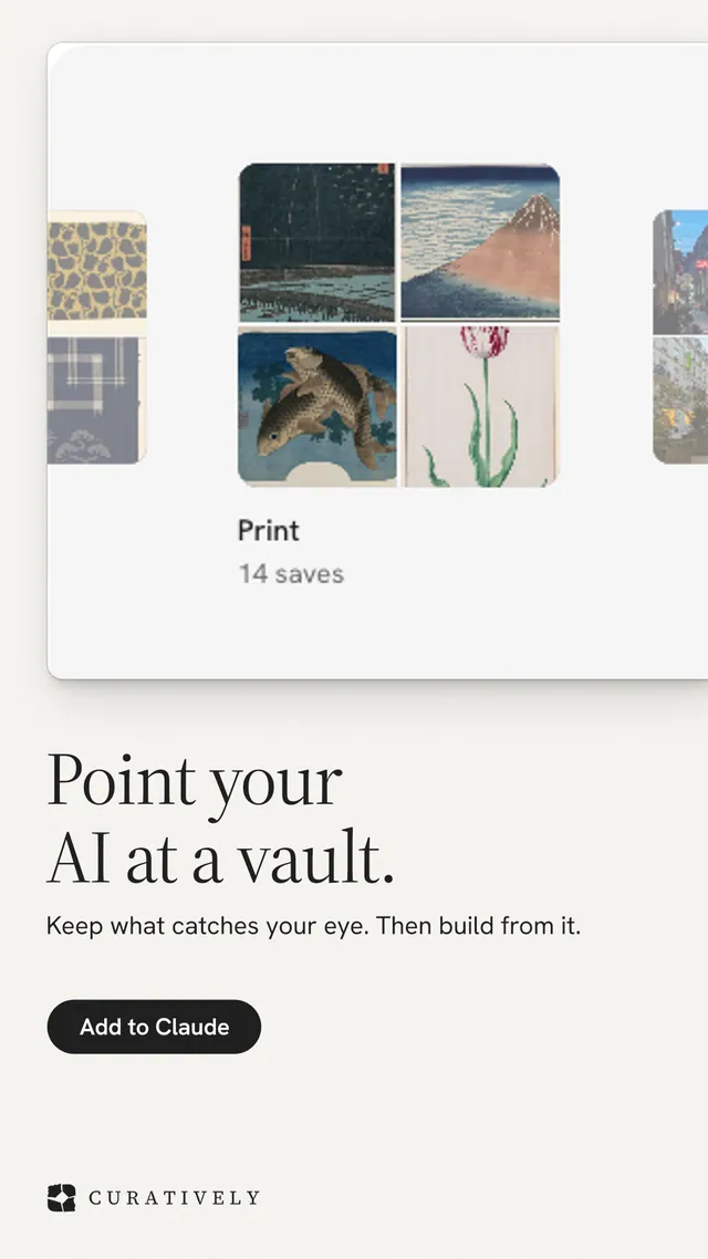 Instagram story for Curatively: "Point your AI at a vault." Data card style, bottom layout, light palette in white, grey.